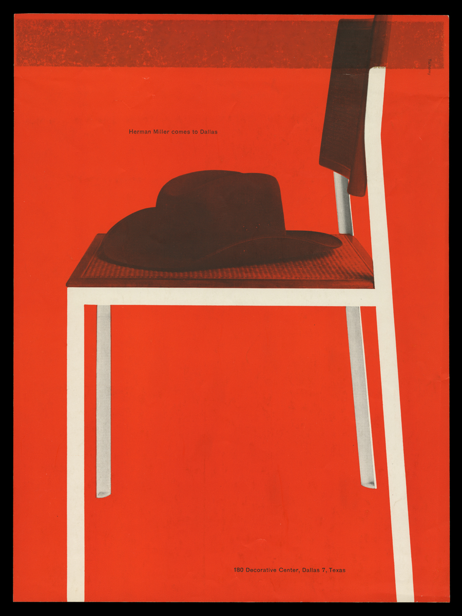 Red page with image of minimalistic chair with cowboy hat sitting on top; also contains text