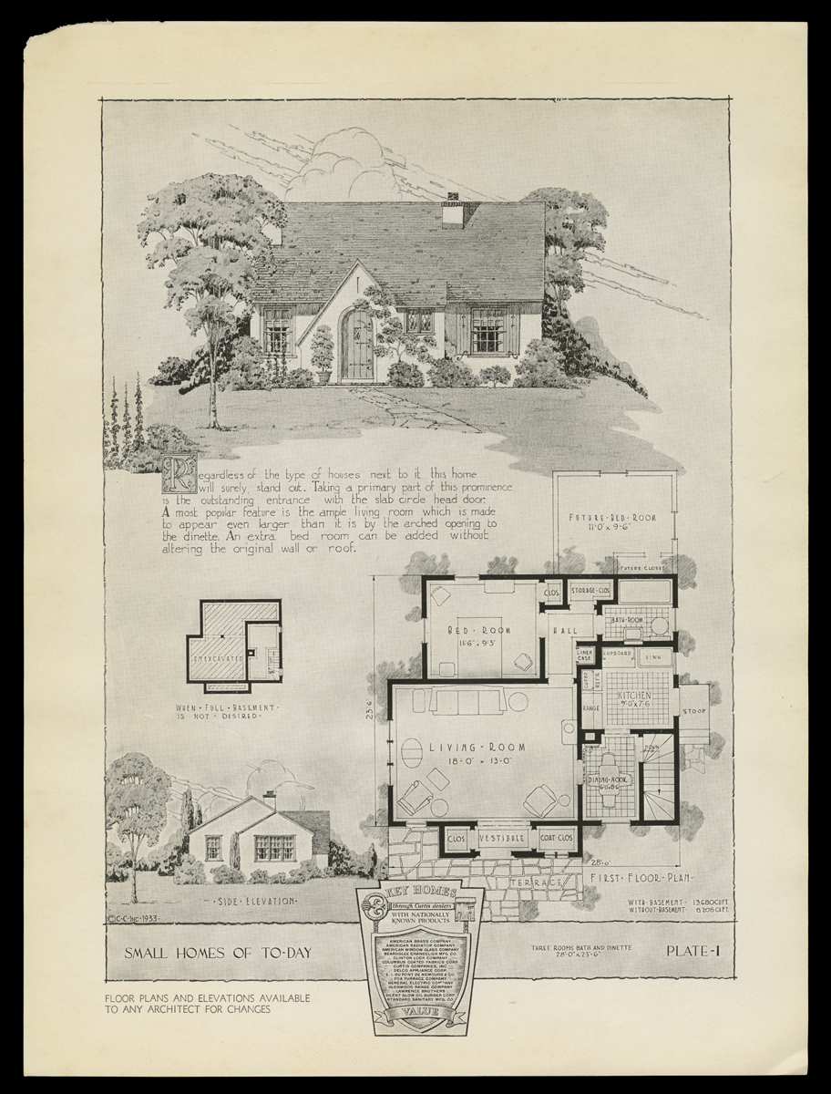 Small Homes of Today, 1933 / plate 1 Page with image of house, floor plan, and text
