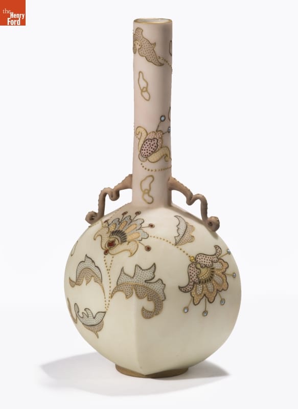 Ecru-colored vase with wide body and thin neck, decorated with floral pattern in shades of beige and brown