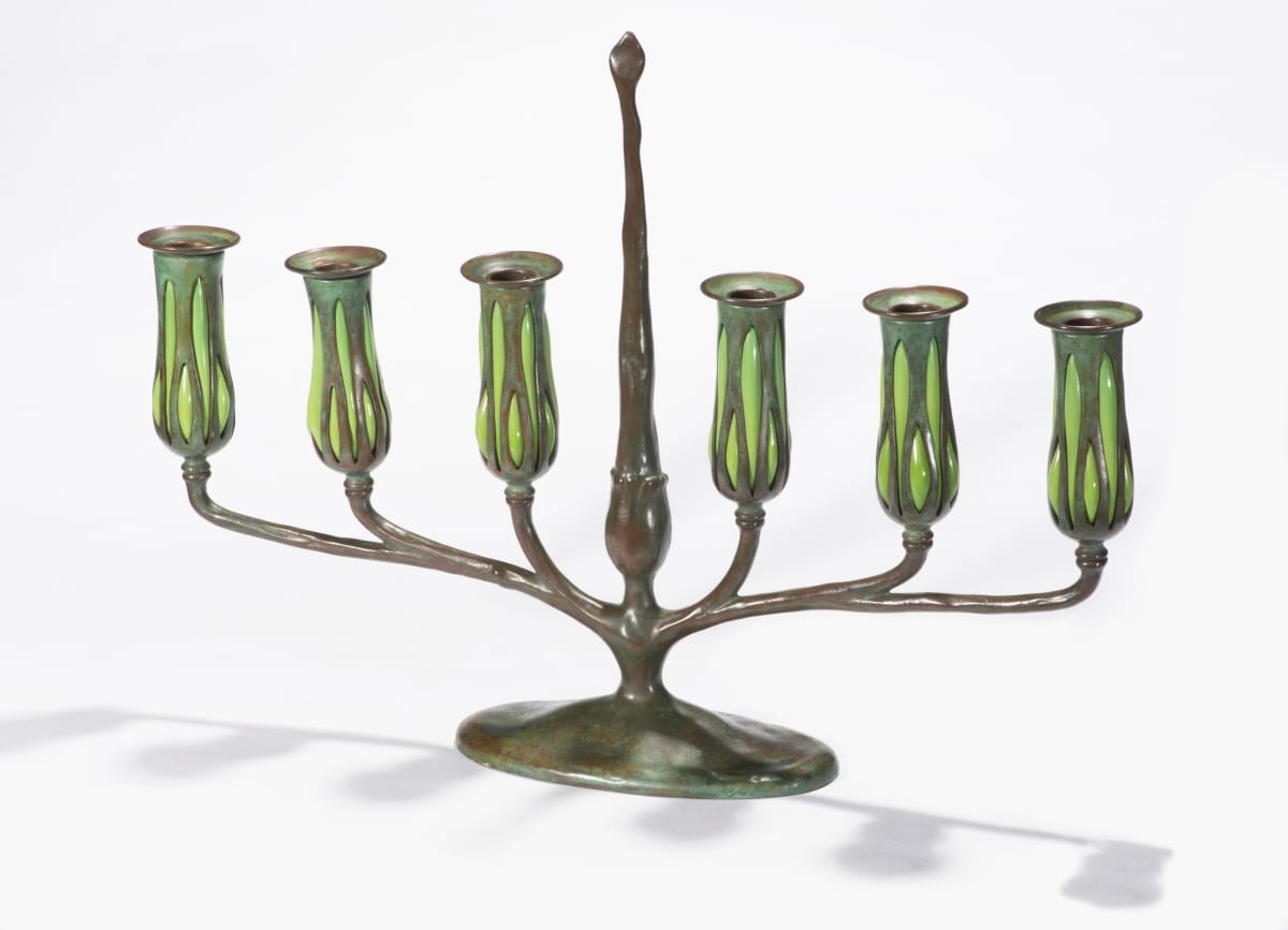 Bronze and green glass candelabrum with holders shaped like buds