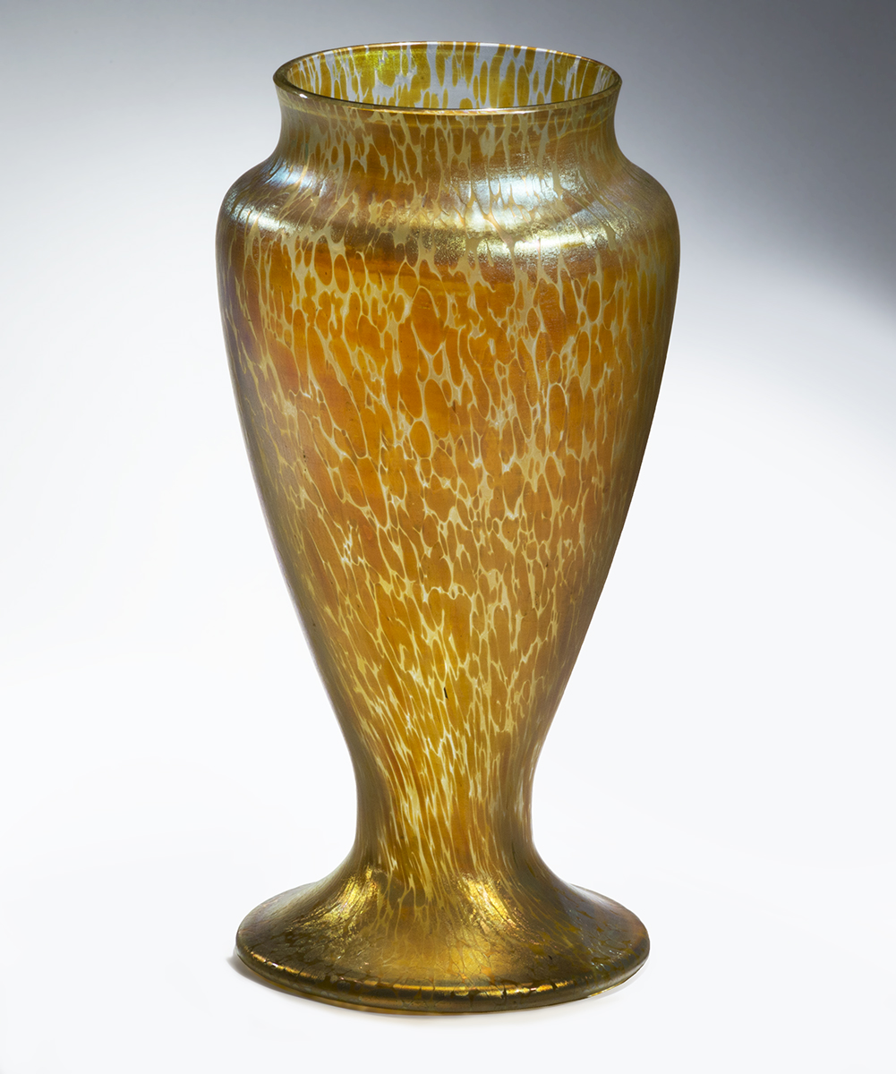Vase, 1900-1910 Clear glass vase with mottled amber pattern and urn-shape