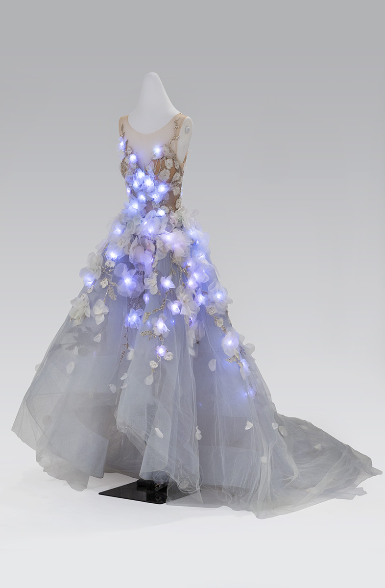 "Cognitive Dress," Designed by IBM and Marchesa, 2016 Dress on dress form with glowing blue lights integrated into bodice and skirt