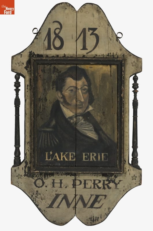 Sign Wooden sign with image of man and text