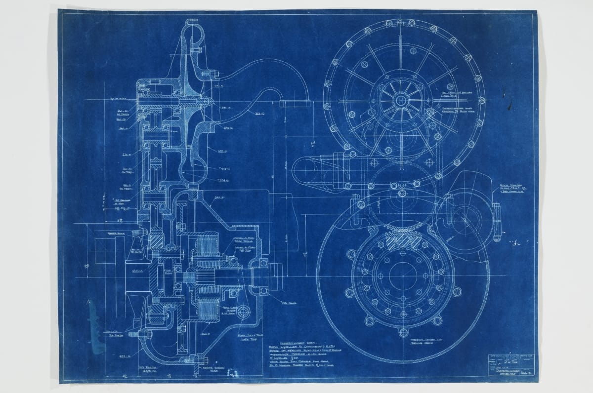 Blueprint of technical drawing of engine
