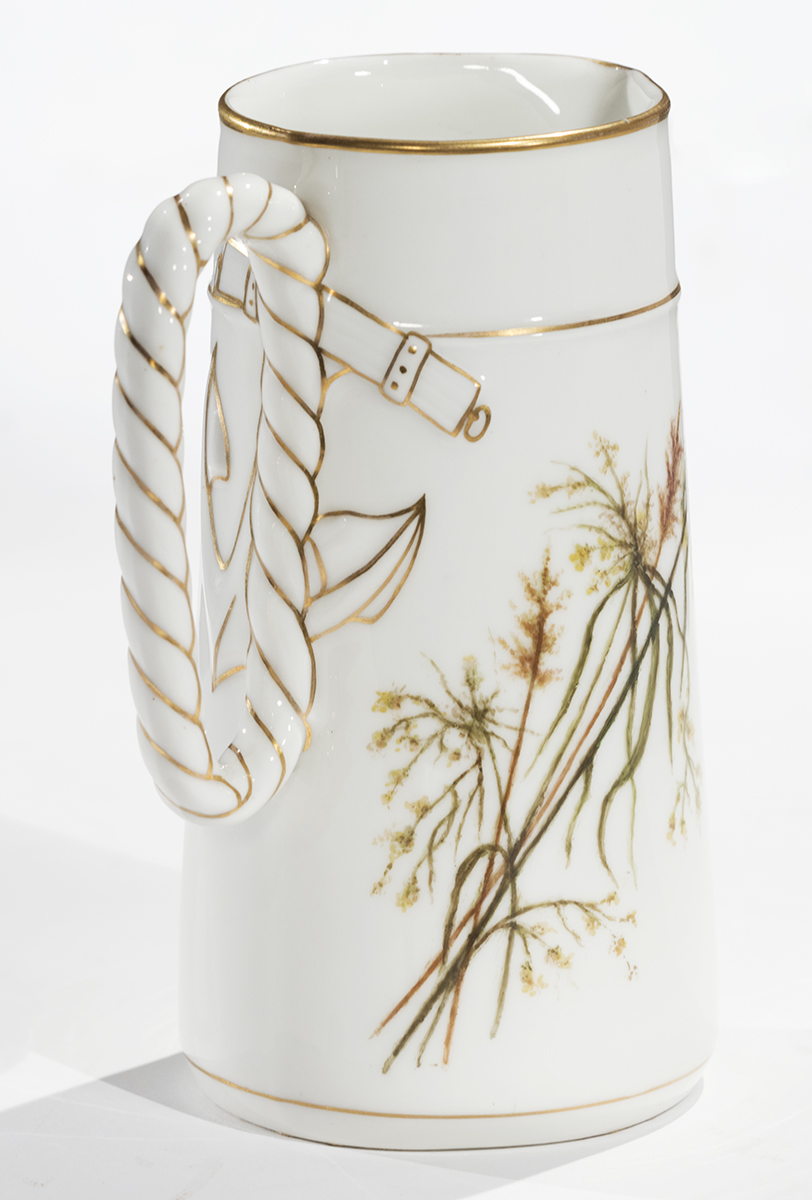 Pitcher, 1890-1910 White pitcher with decorative gold striping on handle and at top and botanical design on side