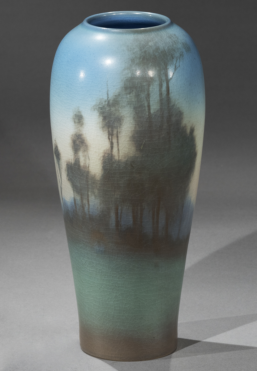 Vase, 1917 Vase with narrow bottom widening slightly to top with impressionistic painting of trees