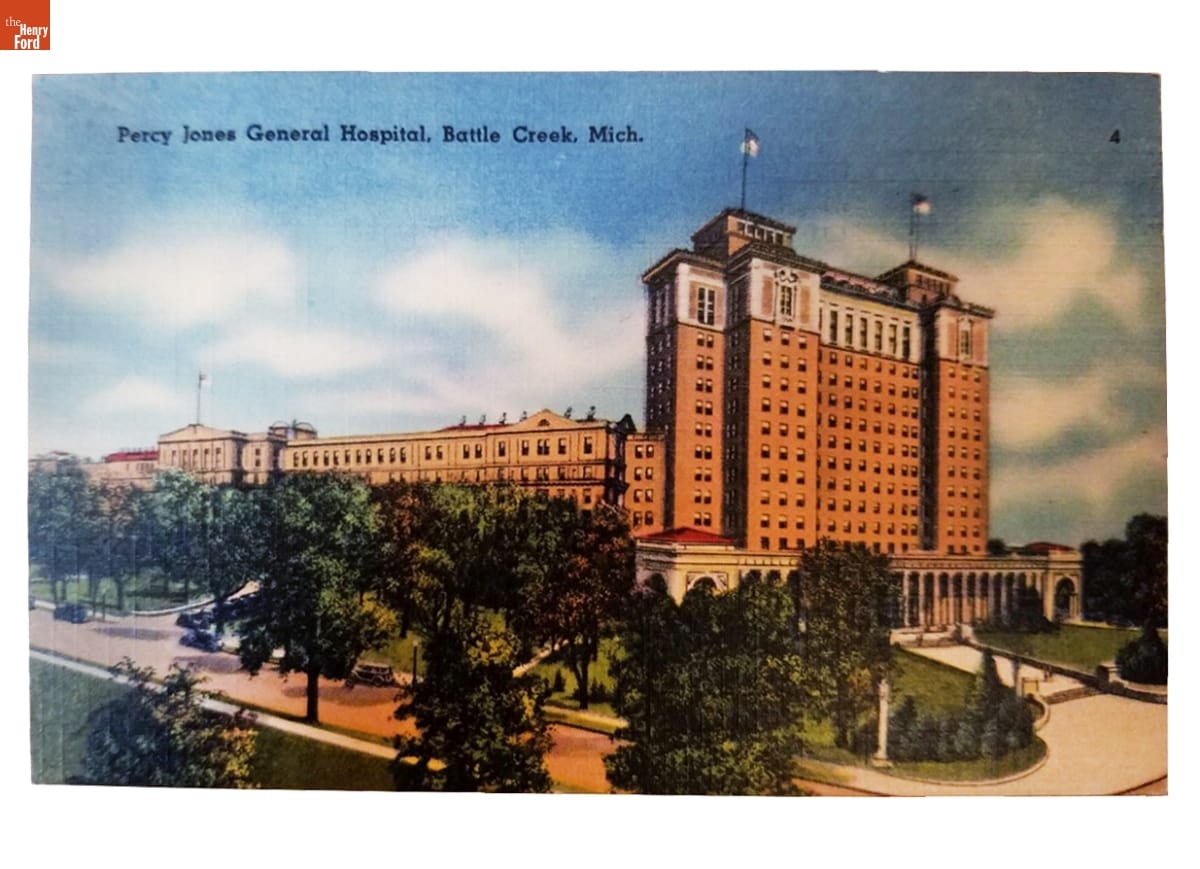 Color illustration of large red brick building with road and trees in front; contains text