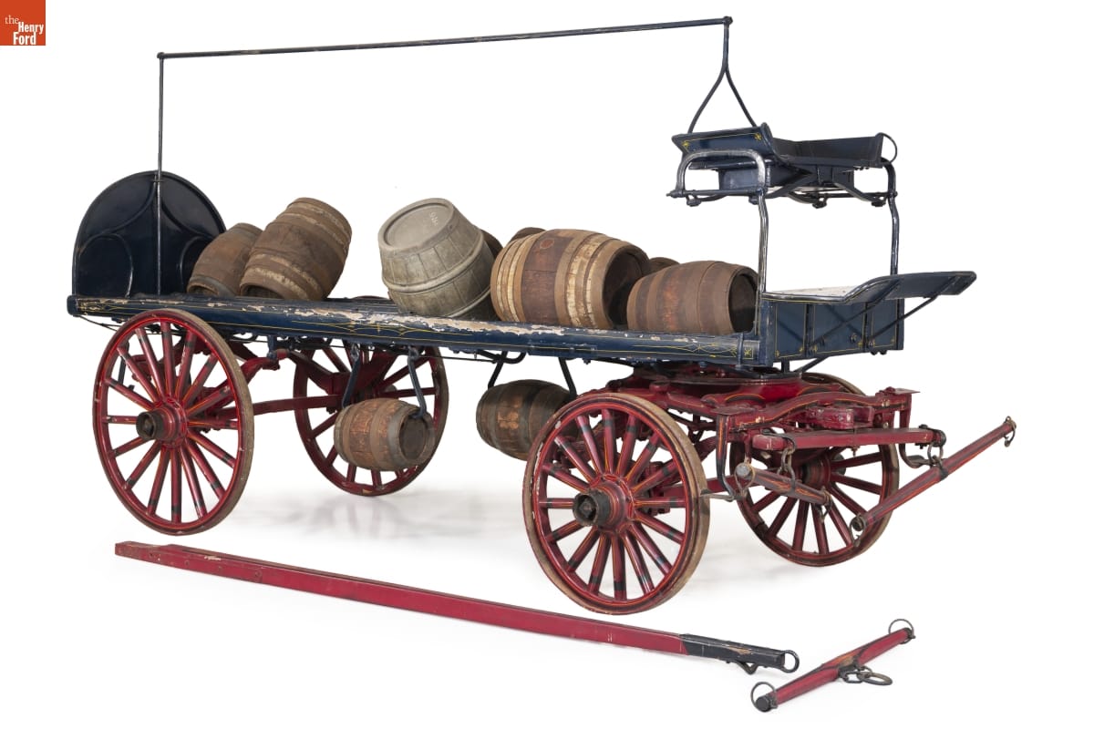 Beer Wagon, circa 1900 Open four-wheeled wagon holding a variety of sizes of wooden kegs