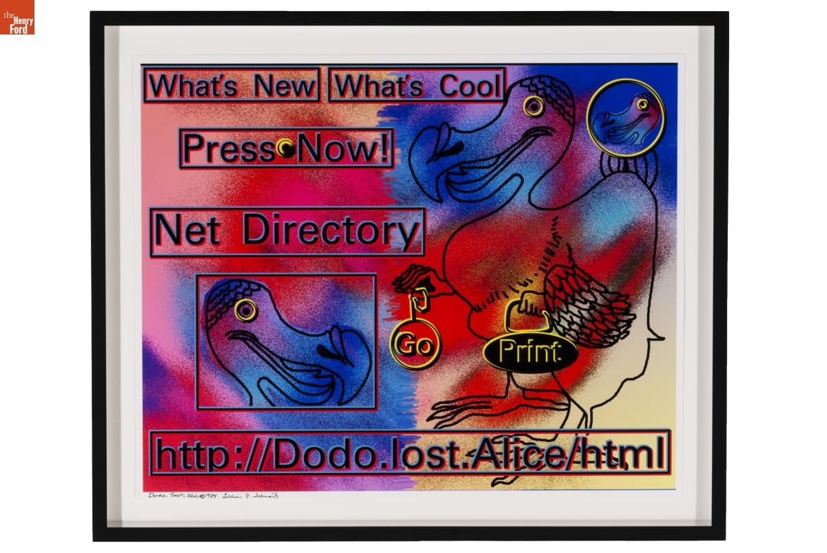 Framed print with swirling colors, line drawings of a dodo and dodo's face, and text in boxes