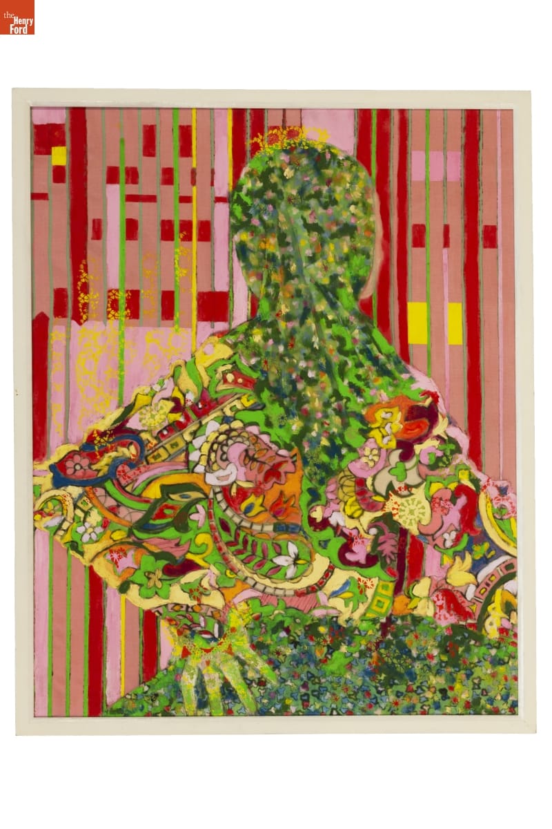 Painting of a humanoid figure made up of small shapes and patterns in many colors including green, on a background of red, pink, and yellow rectangles 