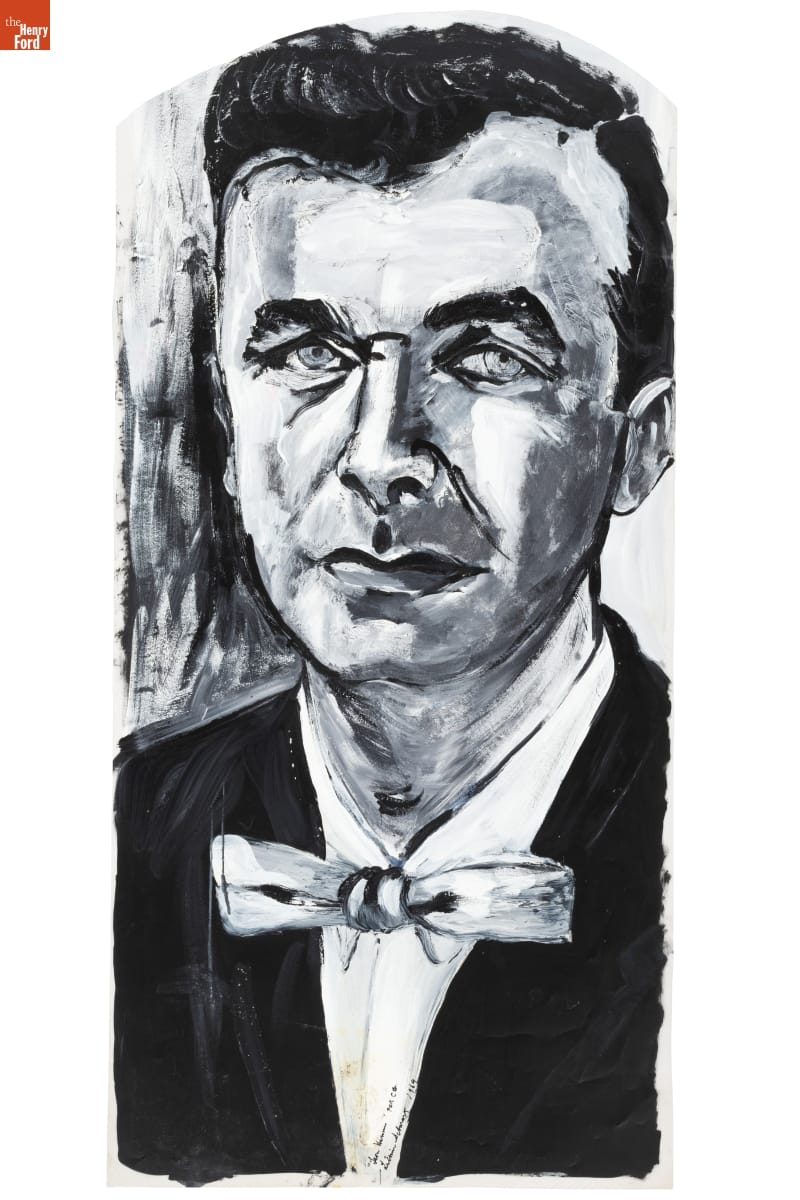 Black-and-white drawing of a man in black jacket and wide white bowtie