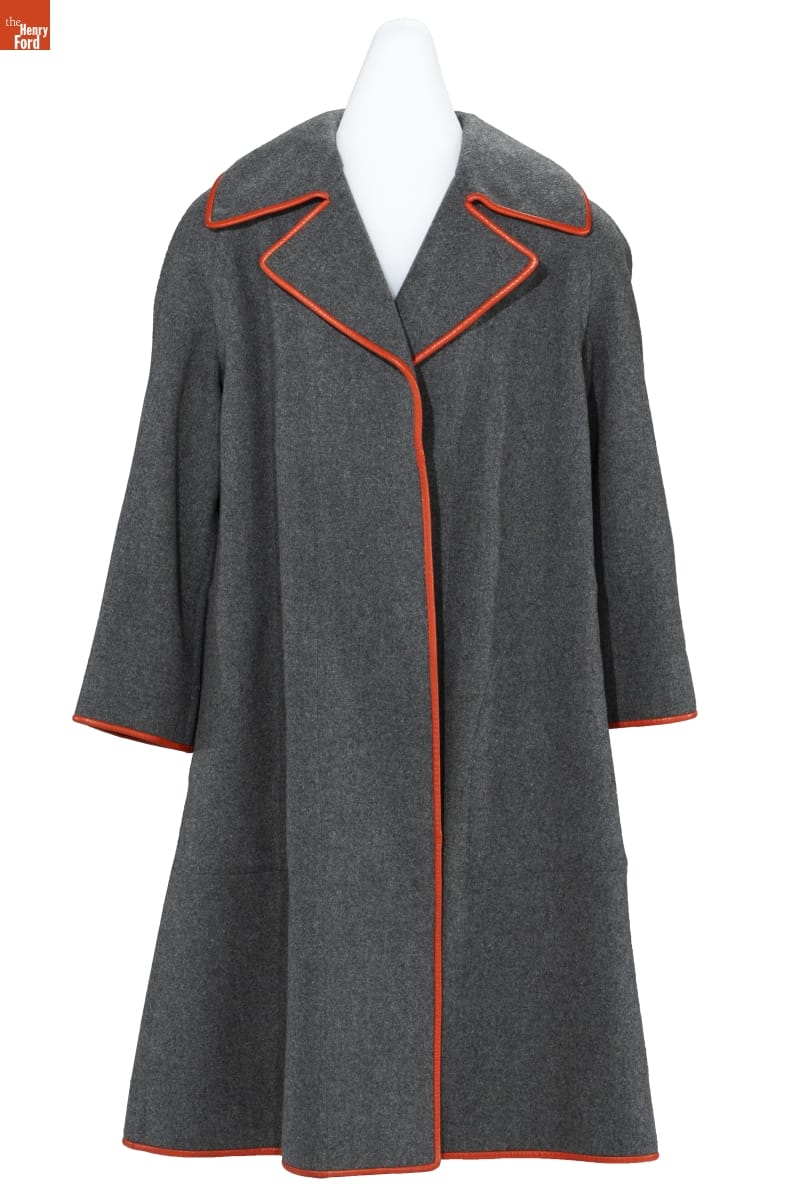 Coat, Designed by Bonnie Cashin, 1965-1972 Charcoal gray wool coat with red leather piping around the collar and down the placket