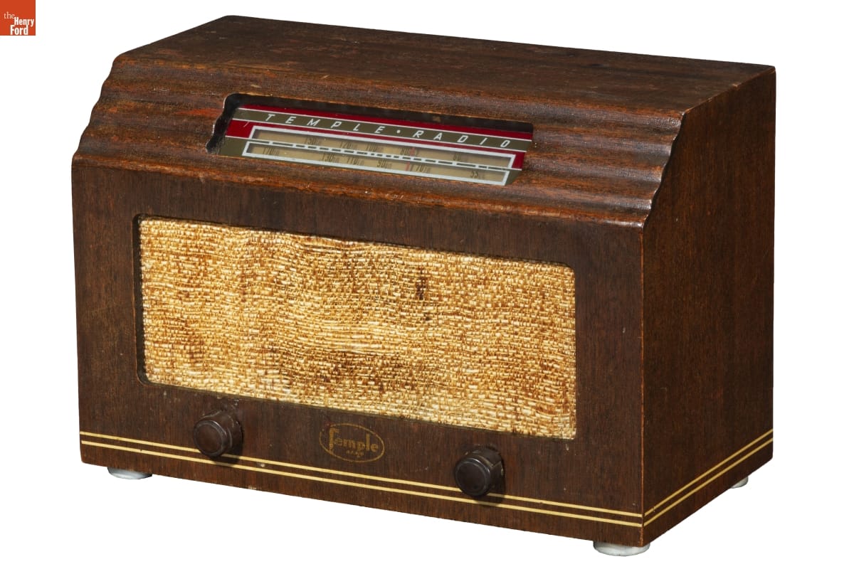 Model E-514 Temple Radio, 1945 Boxy brown wooden radio with beige fabric or burlap front grille