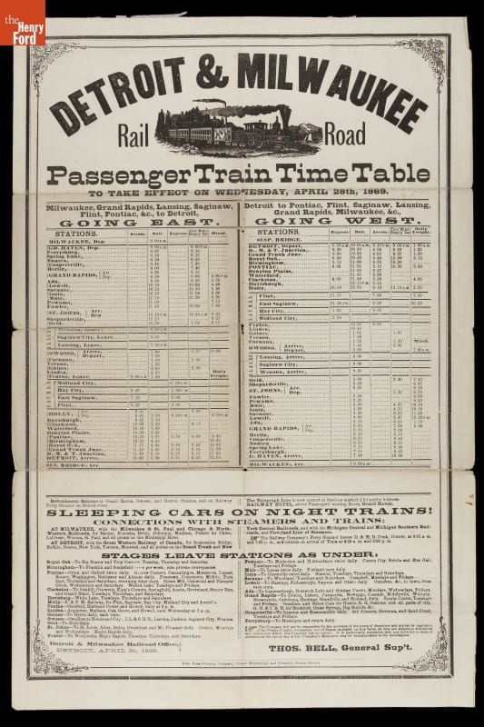 Detroit & Milwaukee Rail Road Passenger Train Time Table, 1869 Timetable with image of train and text showing train stops and times