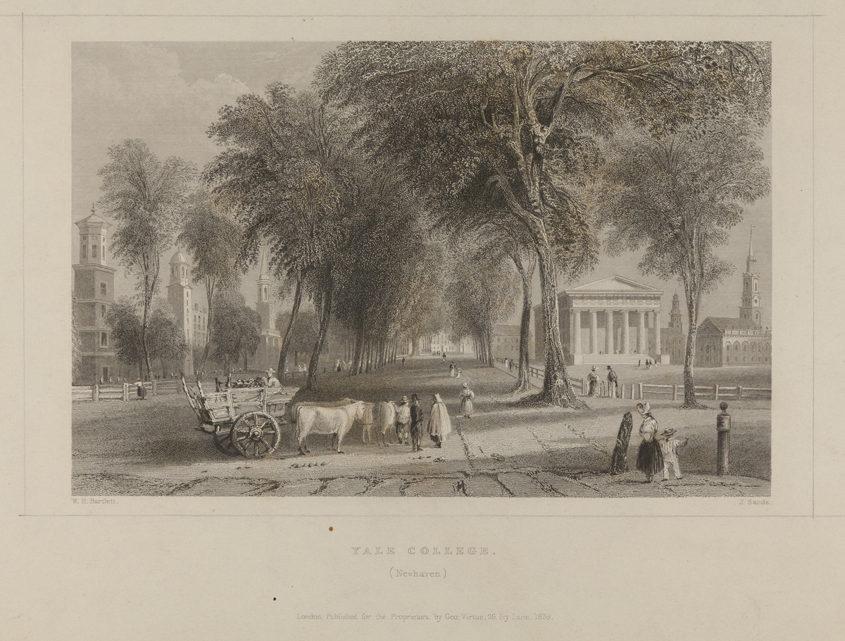 Engraving, "Yale College, New Haven," 1838 Engraving of street scene with trees, buildings, people, and an oxcart in the foreground