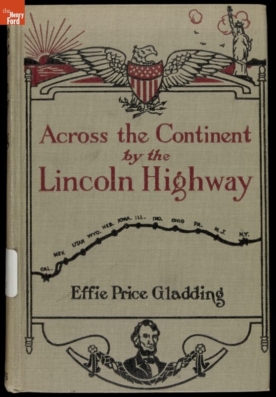 Book cover with text, portrait of Lincoln, American iconography, and line with individual points labelled with state abbreviations