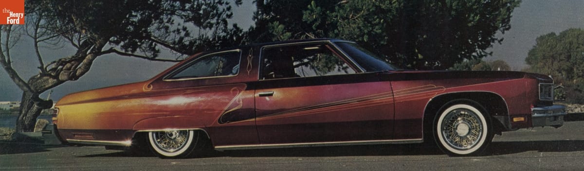 Technical Low Rider Magazine, 1981 / inside front cover detail Long, low maroon and gold car with pinstriping in decorative pattern along side