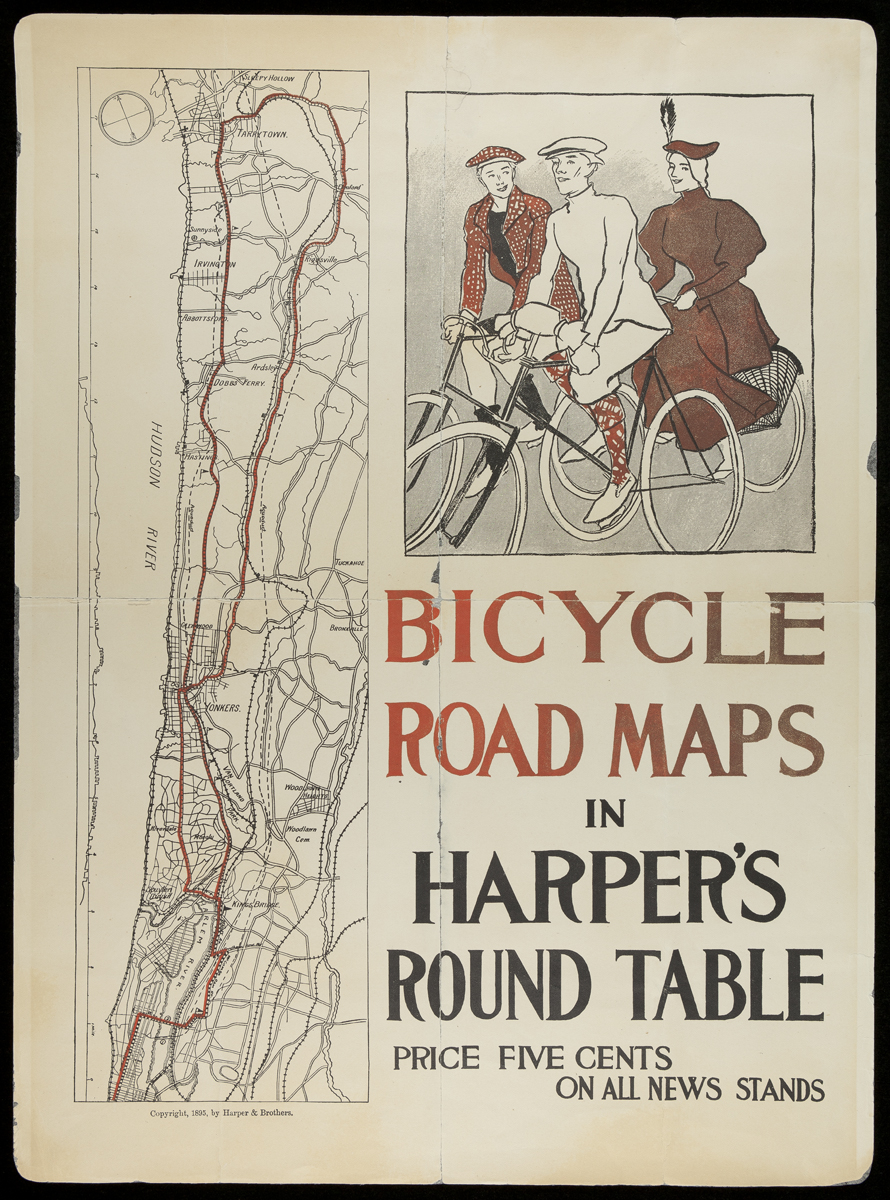 Page with drawing of three people on bicycles, map, text