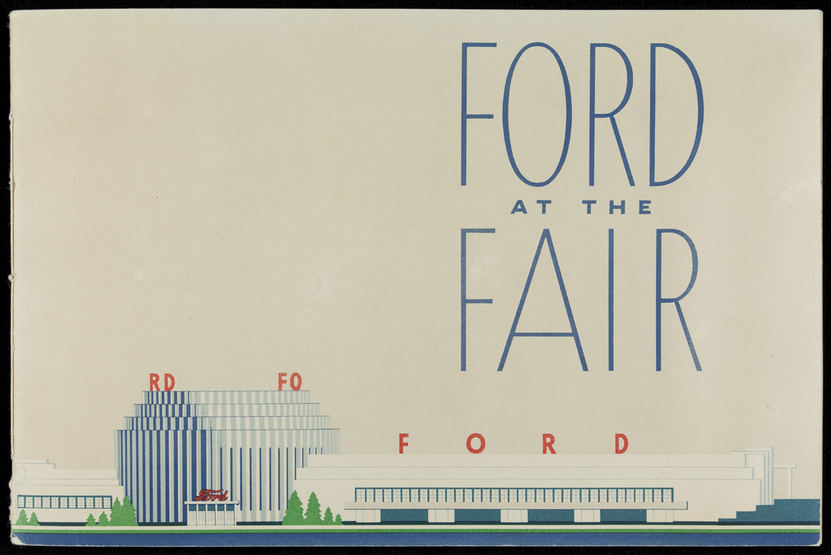 Ford at the Fair, Century of Progress Exposition, 1934 Page with image of building with "FORD" signage and text "Ford at the Fair"