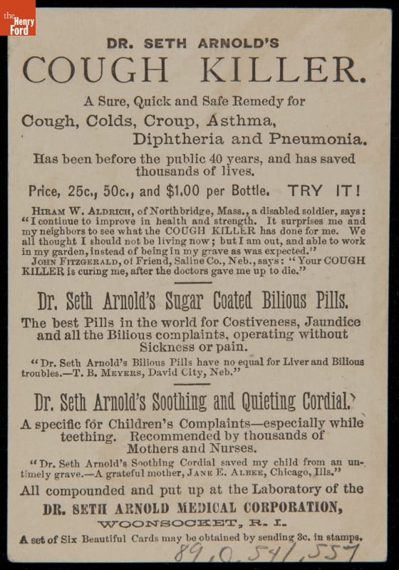 Trade Card for Dr. Seth Arnold's Cough Killer, 1880-1890 / back card with text