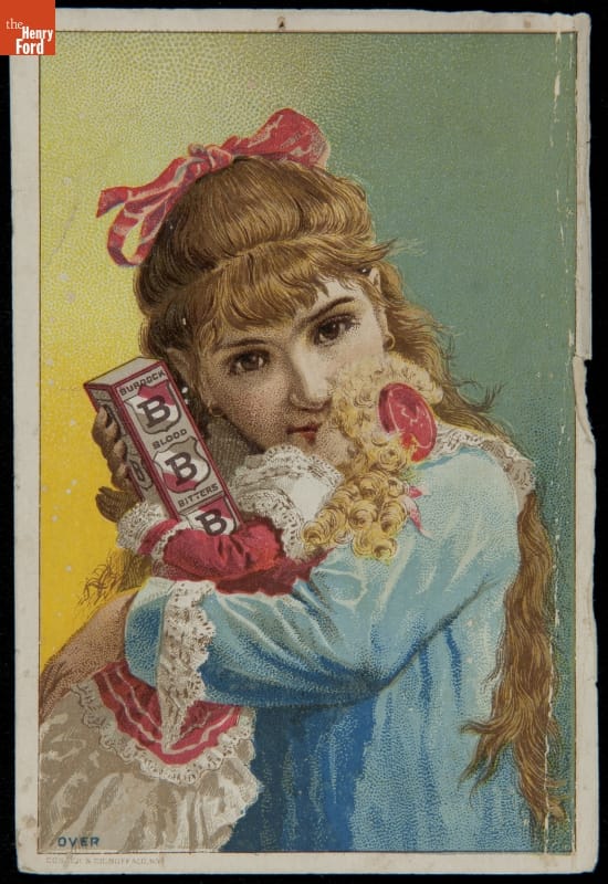 Trade Card for Burdock Blood Bitters, Foster, Milburn & Co., circa 1885 Little girl with red ribbon in her blonde hair, wearing blue dress, holds box and doll