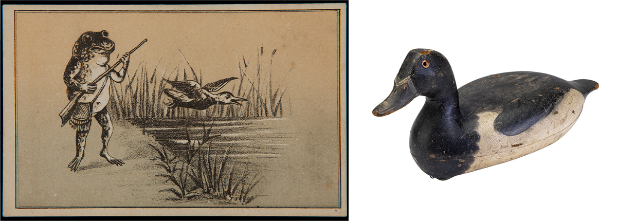 THF215196_THF810990 an illustration of a frog holding a rifle, and a wooden decoy duck