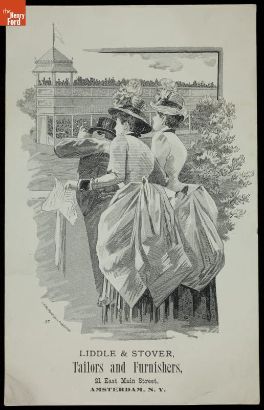 Trade Card for Liddle & Stover Tailors, J.H. Bufford & Co., 1885 Two women and one man crane to watch off-page action; grandstands of fans in background