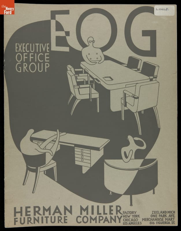Catalog for Herman Miller Furniture, "EOG-Executive Office Group," 1942 Page with text and stylized drawings of human figures at desks and tables