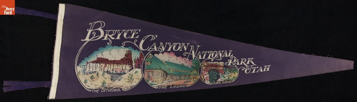 Blue pennant with text "Bryce Canyon National Park Utah" and images of rock formations and a rustic building