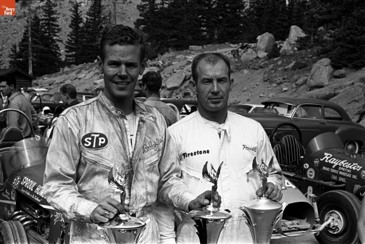 Parnelli Jones and Bobby Unser at Pikes Peak in 1964. Jones took first in the stock car division that year, while Unser topped the sports car division.