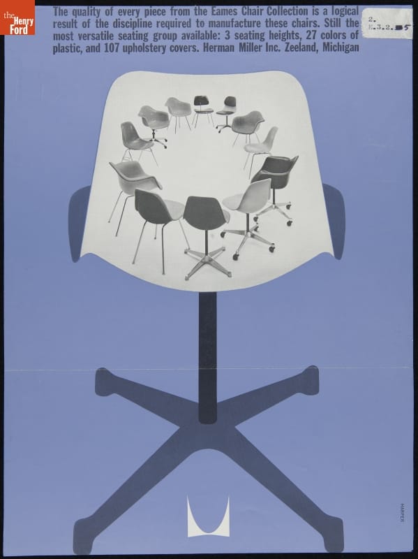 Blue advertisement with text and large image of chair, with smaller images of other chairs on the large chair's back