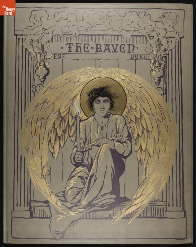The Raven by Edgar Allen Poe, Published 1884 / front cover Gray book cover with text and image of angel or winged person with gold wings and halo, holding a candle and a key