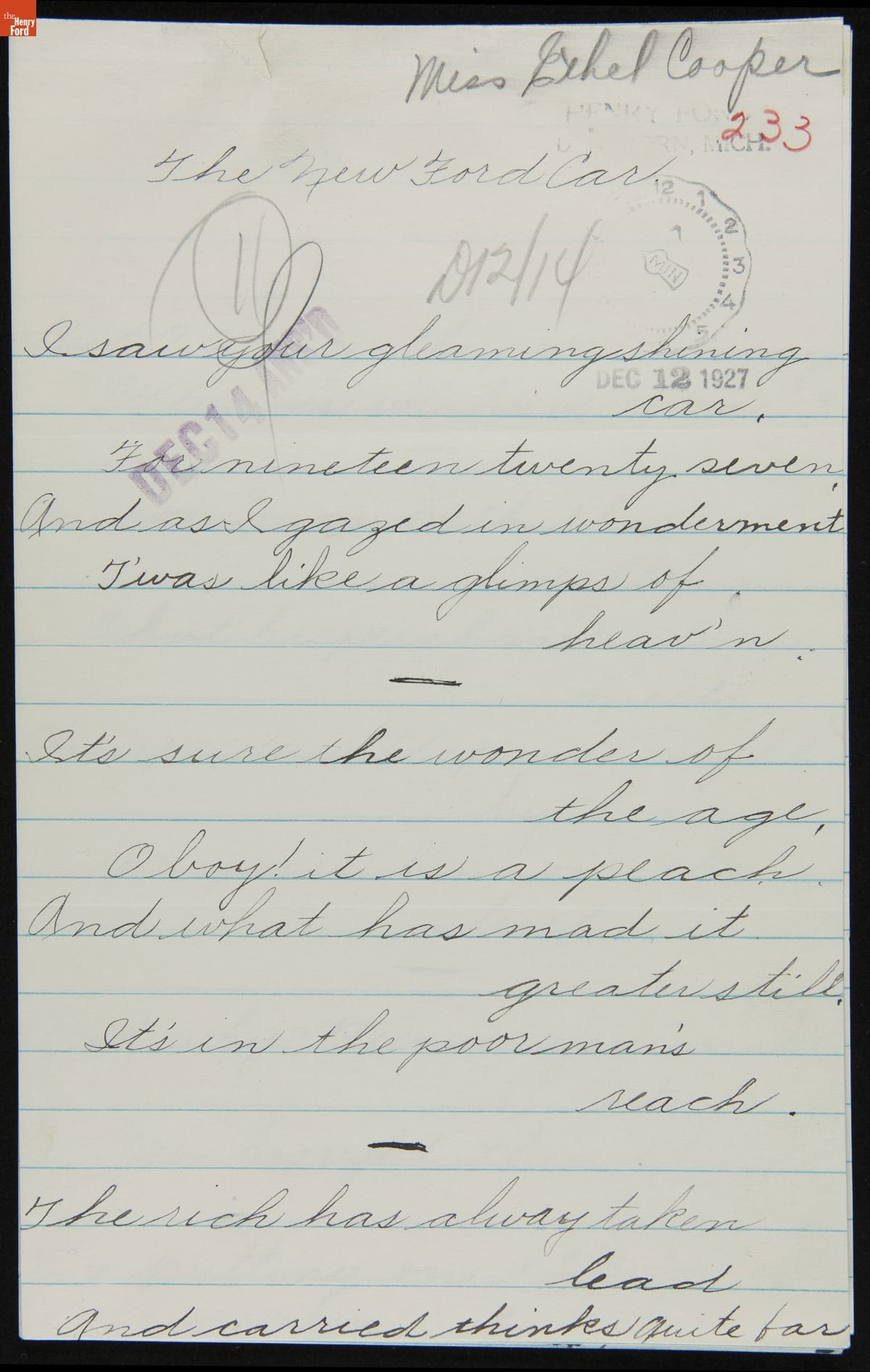 Poem, "The New Ford Car," Sent to Henry Ford by Ethel Cooper, December 12, 1927 Lined sheet of notebook paper with handwritten cursive text on it