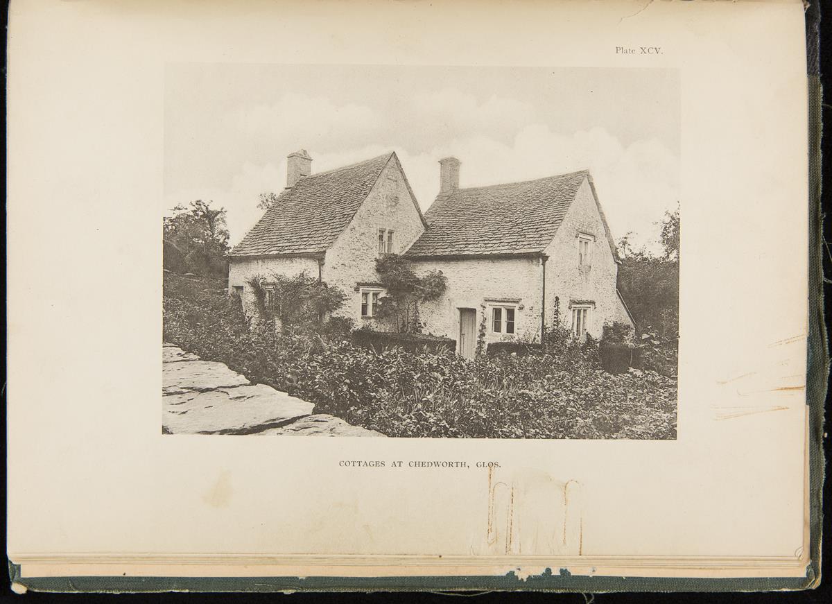 "Old Cottages Farm-Houses, and Other Stone Buildings in the Cotswold District," 1905 / plate XCV Page containing image of stone house and text