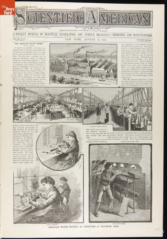 Page with text and five illustrations of a factory and factory workers