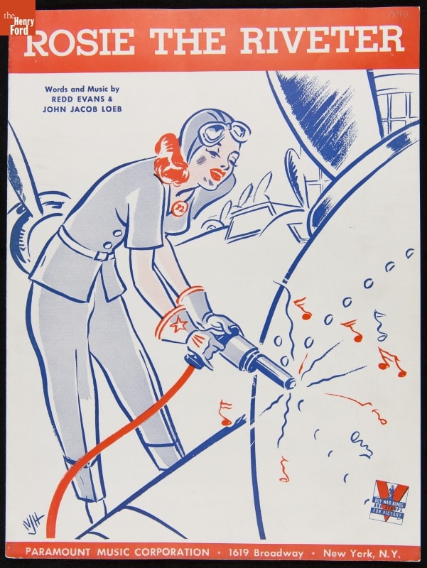 Red, white, and blue line illustration of woman riveting airplane parts; also contains text