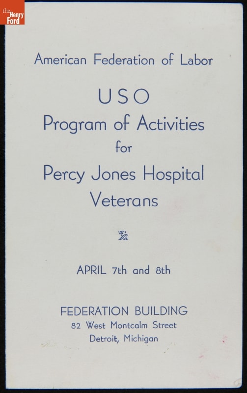 AFL-USO Program of Activities for Percy Jones Hospital Veterans, April 1945 Page with text