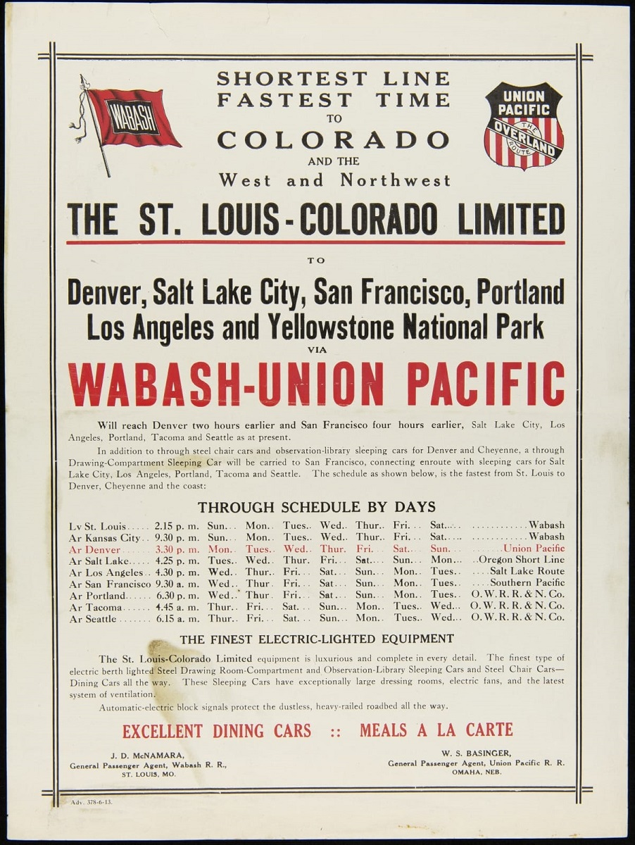 Page with text in black and red, timetable, and flag and badge icons