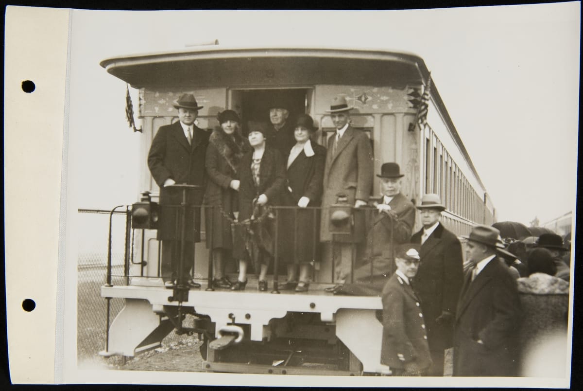 thf294692 President Herbert Hoover, Lou Henry Hoover, Clara Bryant Ford, Thomas Edison, Mina Edison, and Henry Ford Arrive at Smiths Creek Station, October 21, 1929