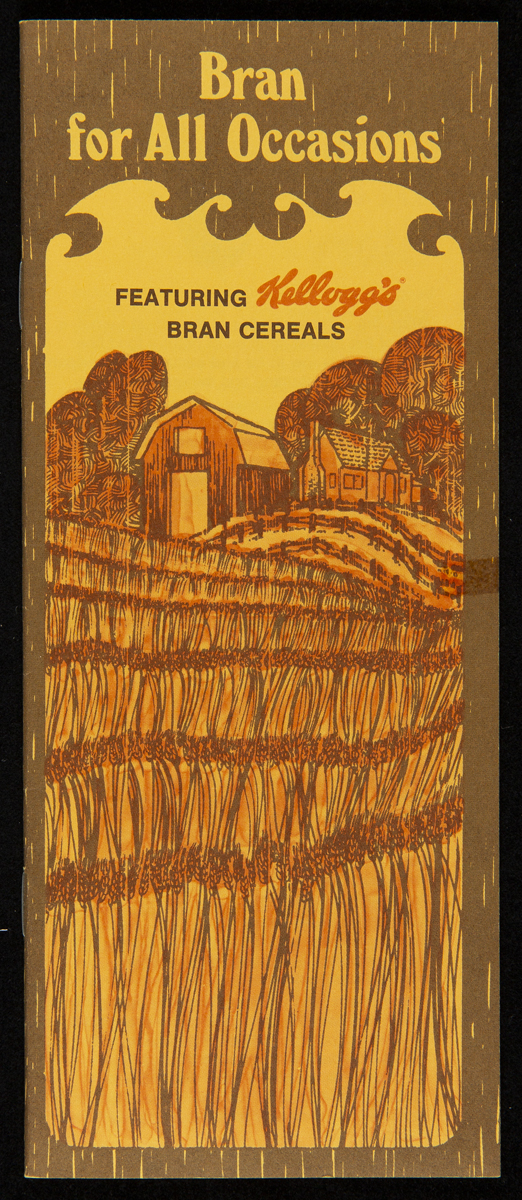 Brown and yellow cover of recipe booklet, Bran for All Occasions, “featuring Kellogg’s bran cereals,” ca. 1982, showing a barn and field