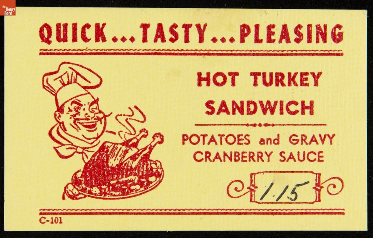 Page with red text and image of mustachioed man in chef's hat holding a whole roasted turkey
