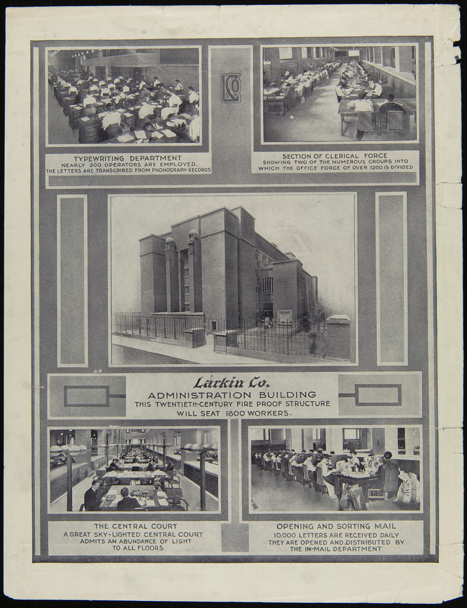 Images of office workers and building, along with text