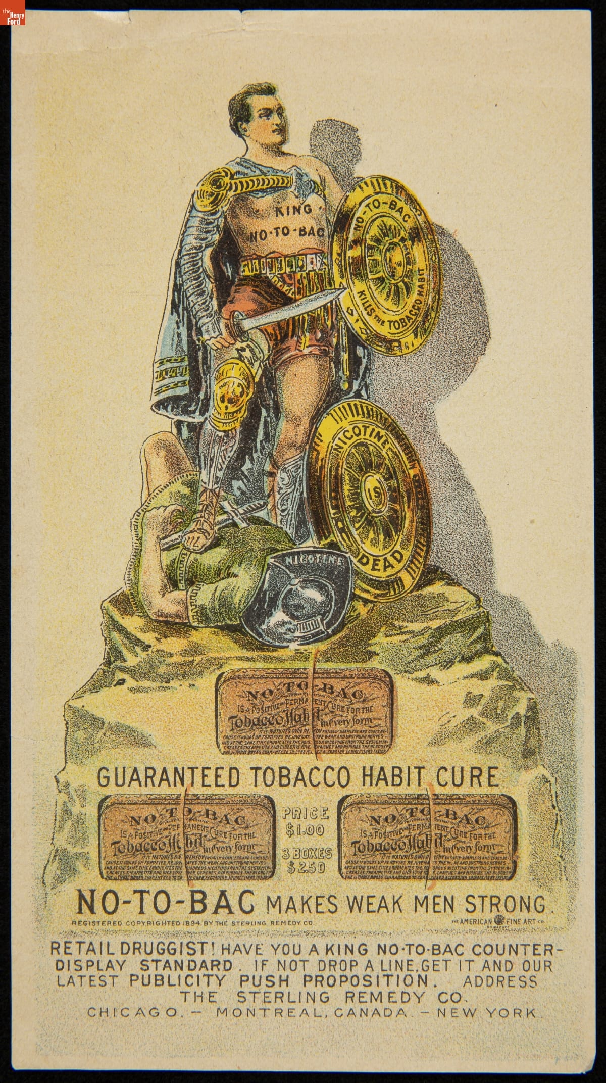 Trade Card for "No-To-Bac" Tobacco, Sterling Products Co., circa 1894 Shirtless man in cape with sword and shield stands with one foot on the chest of a man on the ground; also contains text