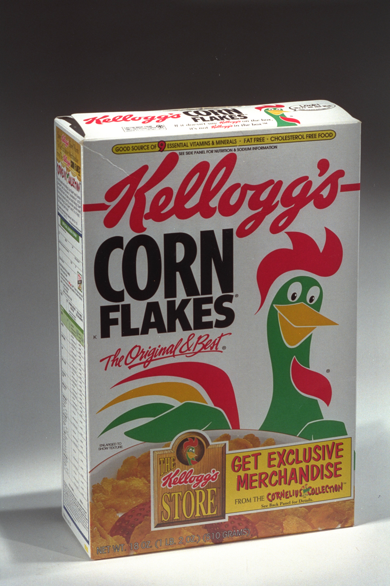 White Kellogg’s Corn Flakes box featuring a green and red rooster, c. 1995