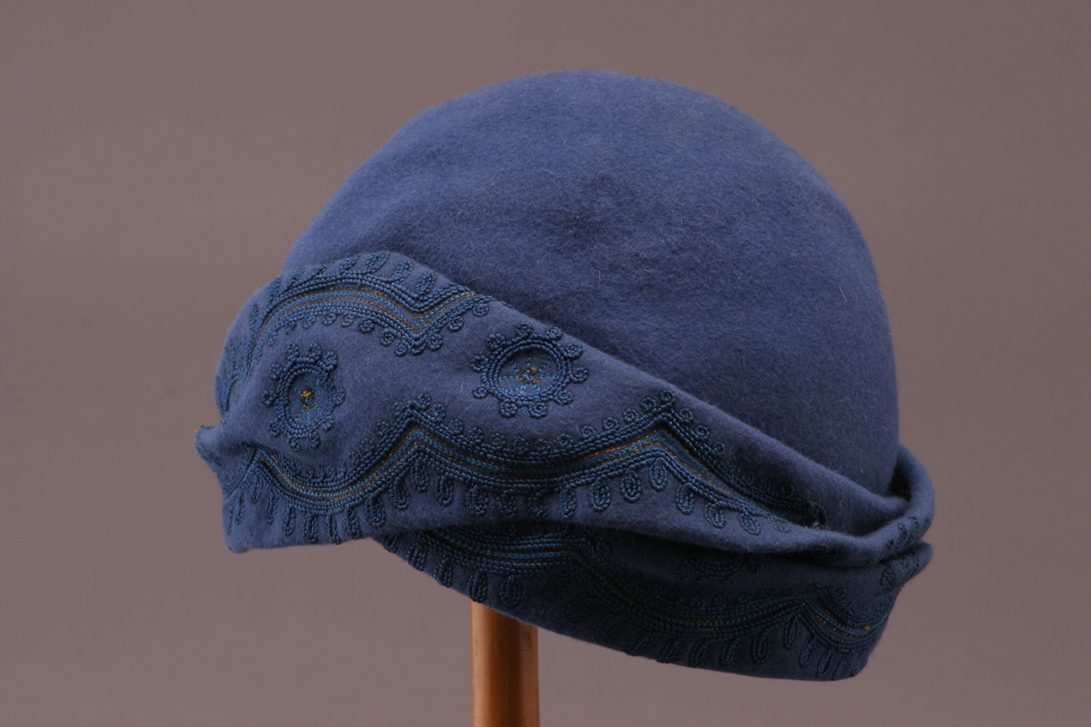 Hat, Worn by Elizabeth Parke Firestone, 1925-1936 Blue cap with embroidered detailing