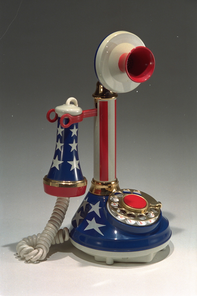 United States Bicentennial Telephone, circa 1976 Upright telephone decorated with stripes and stars, in red, white, and blue