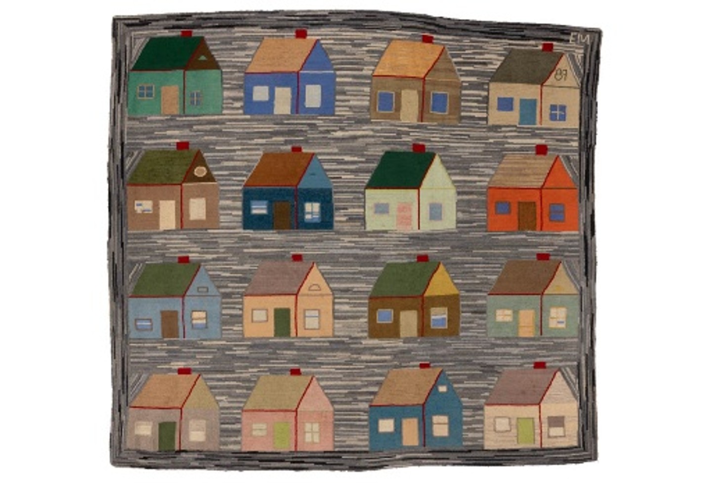 THF372301 A hooked rug featuring several colorful houses