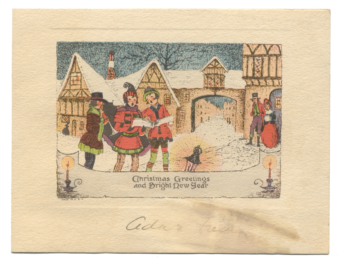Christmas Card, "Christmas Greetings and Bright New Year," 1929 Card with images of carolers in front of buildings; also contains text