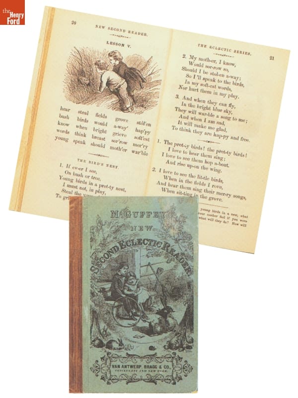 Textbook, "McGuffey's New Second Eclectic Reader," 1865 Blue book cover with image and text and book opened to two-page spread with image and text