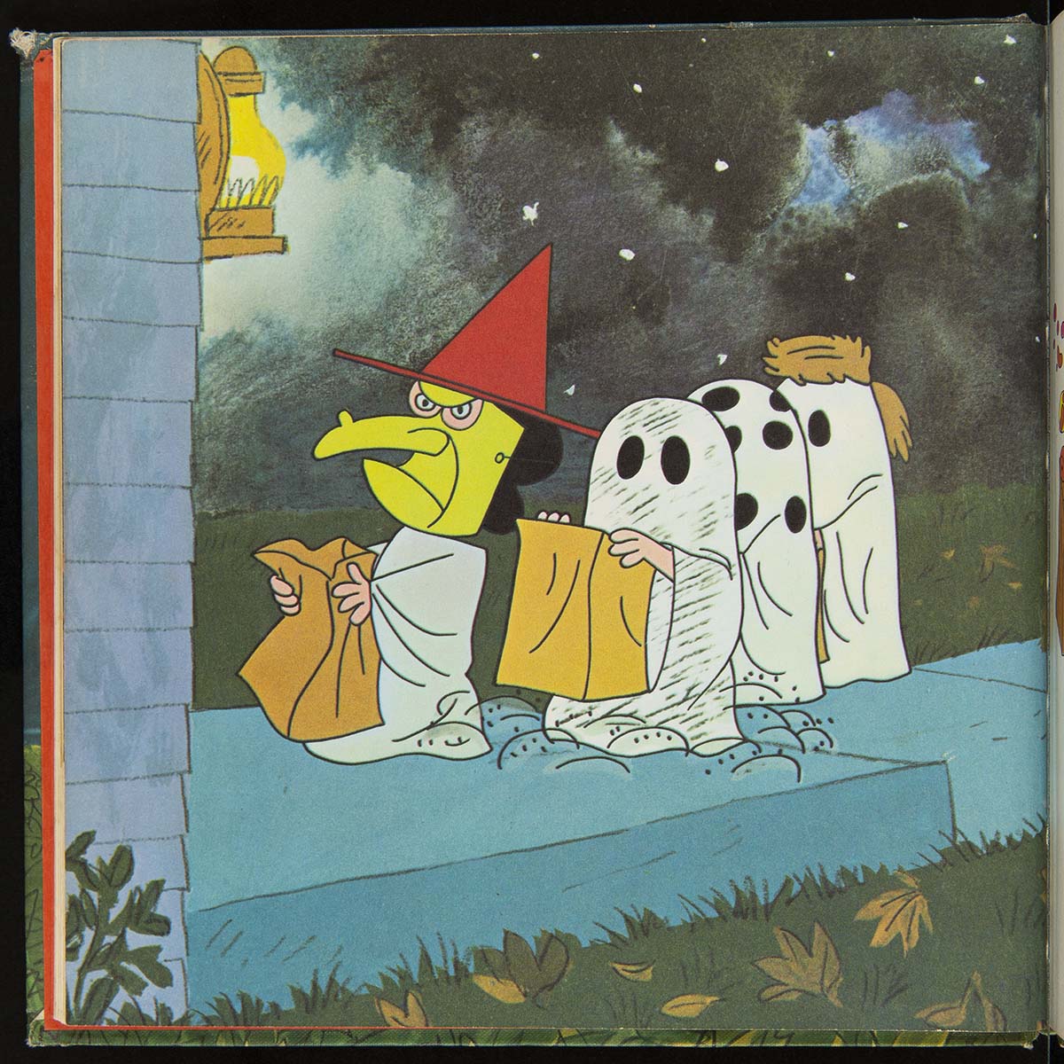 It's The Great Pumpkin, Charlie Brown, 1967 / page 13 Cartoon drawing of children in Halloween costumes holding out bags at the door of a house